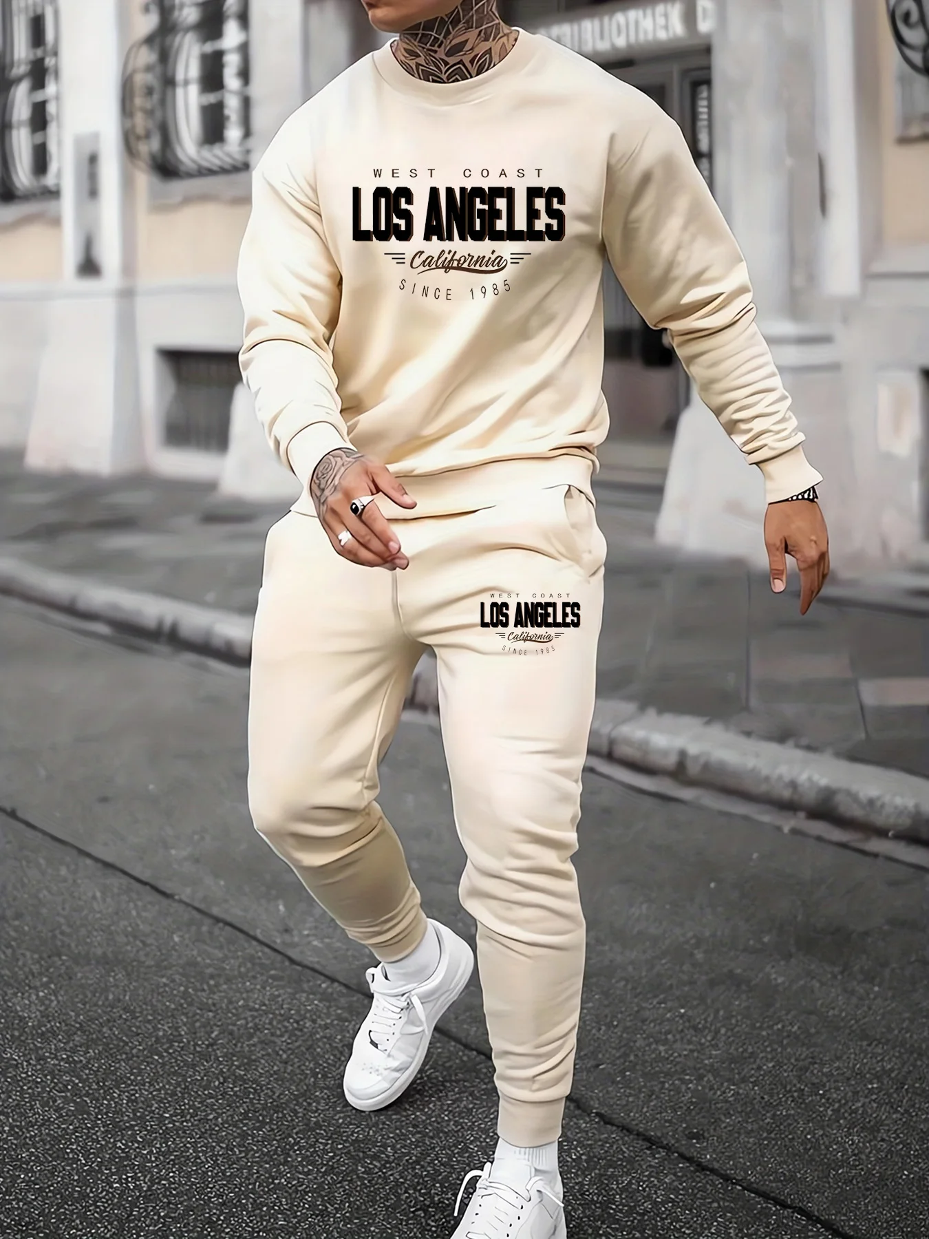 Men's Casual Warm Velvet Sweatshirt And Sports Pants Set Los Angeles Pattern Printed Loose Thick round Neck Autumn Winter