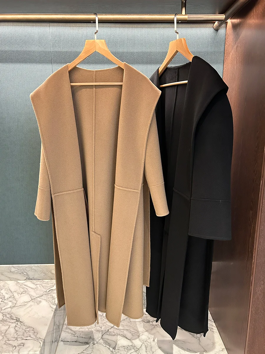 

Hooded Bathrobe-Style Cashmere Wool Tie-Front Coat Double-Faced Wool Tweed Long Coat For Women