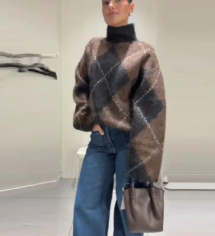 Knitted Women's Sweater Fashion Loose Long Sleeve Warm Turtleneck PulloversAutumn Lady Commute Jumpers Tops