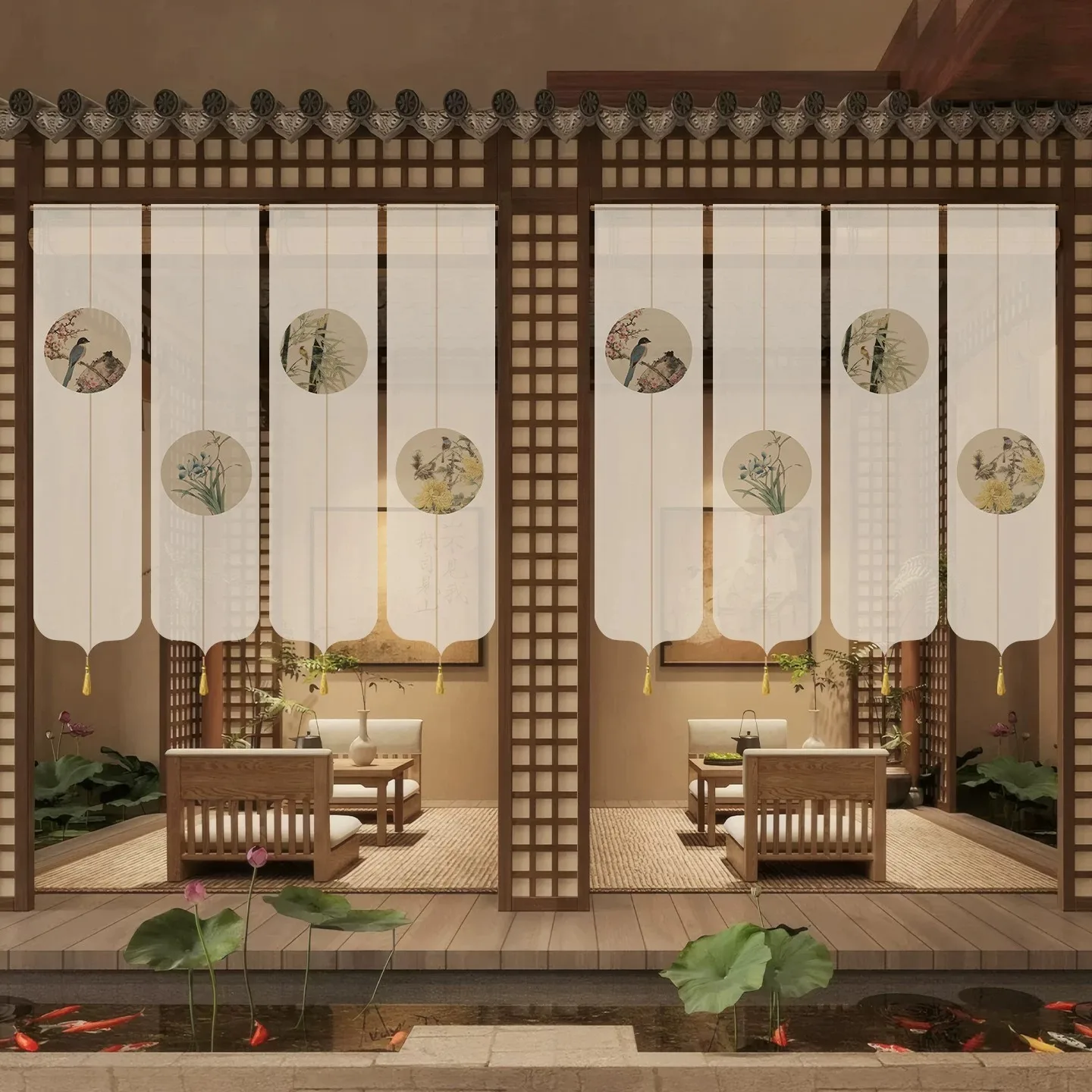 Hanging Room Divider - Semi Transparent White Gauze Curtain, Wabi Sabi Noren Screen for Yoga Zen Meditation & Tea Room Decor