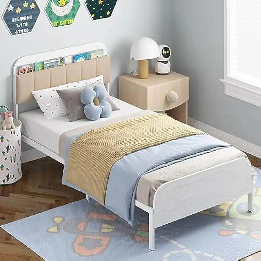 

Kids Twin Bed Frame with Bookcase Headboard Metal Platform Bed Frame with Upholstered Headboard for Boys Girls Teens Adults