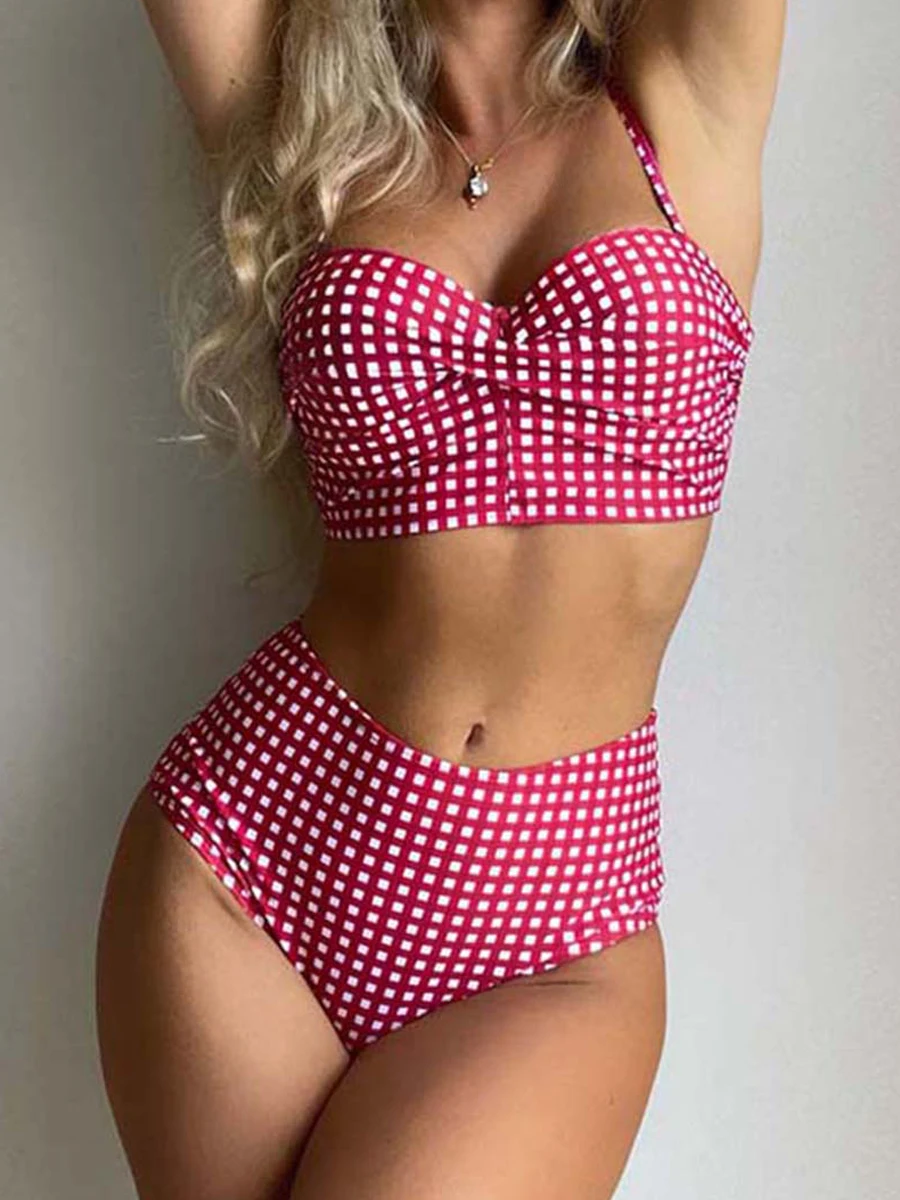 

High Waist Bikinis 2025 Women Gingham Printed Swimwear Female Sexy Straped Swimsuit Female Padded Bathers Bathing Suit Beachwear