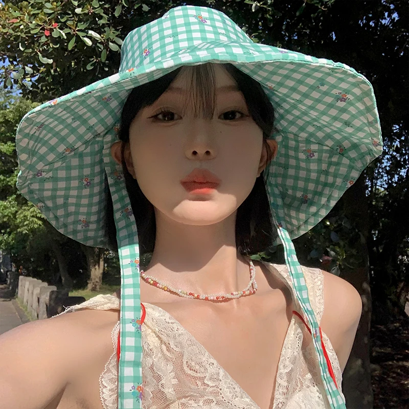 

Mint Wave een Plaid Bowtie Fierman Hat Women's Spring Summer Outing Floral Large Brim Sunade Hat Sun Protection Cap
