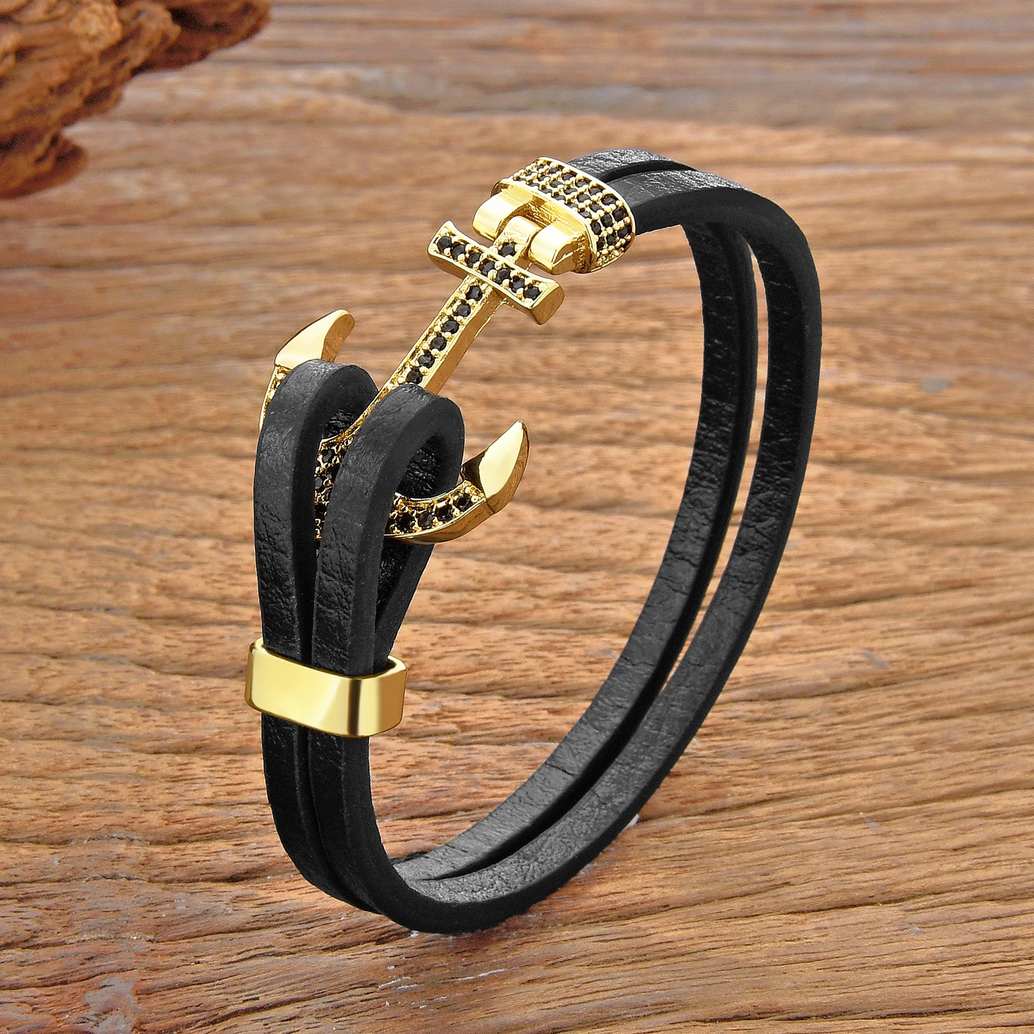 Trend Brass Micro-Inlaid Zircon Anchor Shape Men Bracelet Balck Brown Double Leather Bangles Classic Women Jewelry Sport Buckle