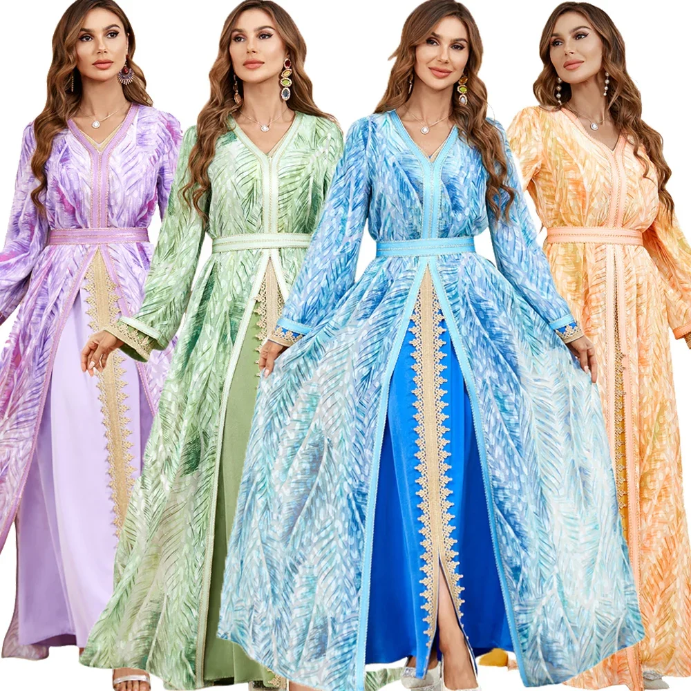 Muslim Women Print Abaya 2 Piece Set Long Maxi Dress Turkey Gulf Jalabiya Split Hem Kafftan Islam Eid Party Gown Morocco Vestido