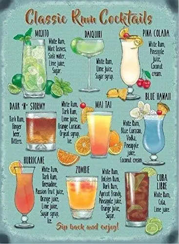 Rum Cocktail Recipe Vintage Tin Sign 8X12 Wall Decor