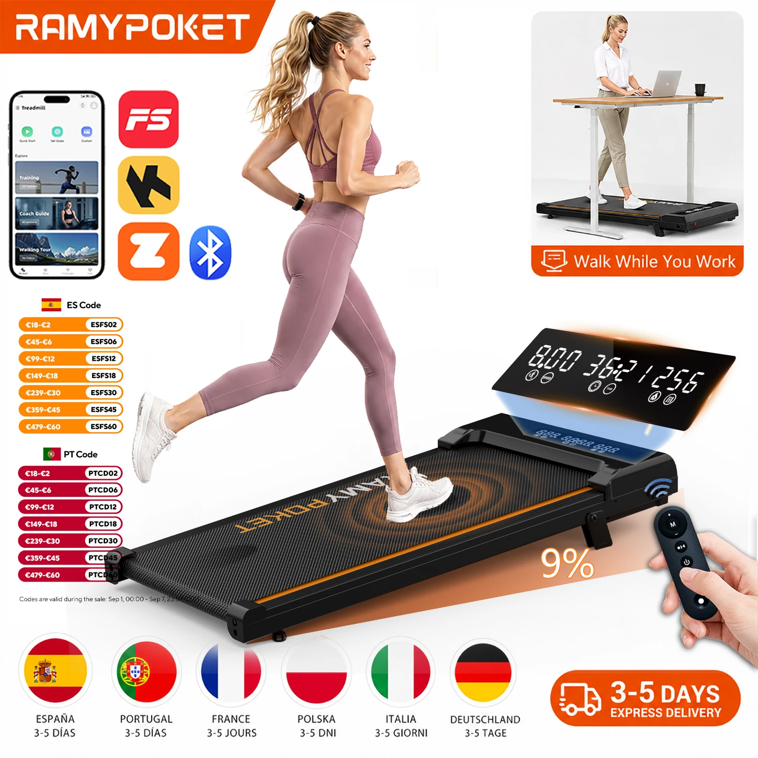 RAMYPOKET Tapis de Course Inclinable 9% APP incliné 2.5HP vitesse du moteur 1-8 km/h Mini tapis roulant Installation gratuite tapis de marche à faible bruit pour la maison