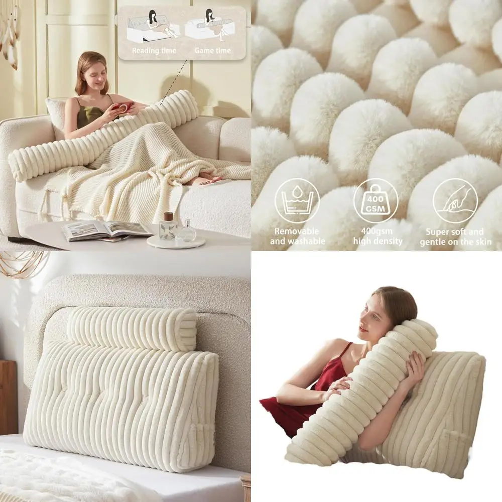

Beige Twin Size Faux Fur Wedge Headboard Pillow with Removable Cover and Neck Roll Body Pillow