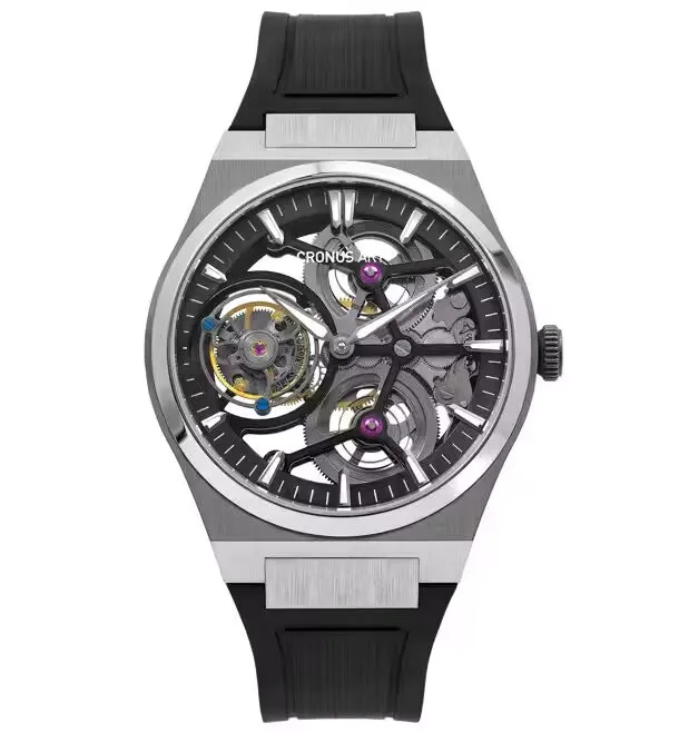 CRONUSART Men Tourbillon Watch 41mm Titanium Case Mechanical Wristwatch Sapphire Mirror Luminous Skeleton Dial FKM Strap