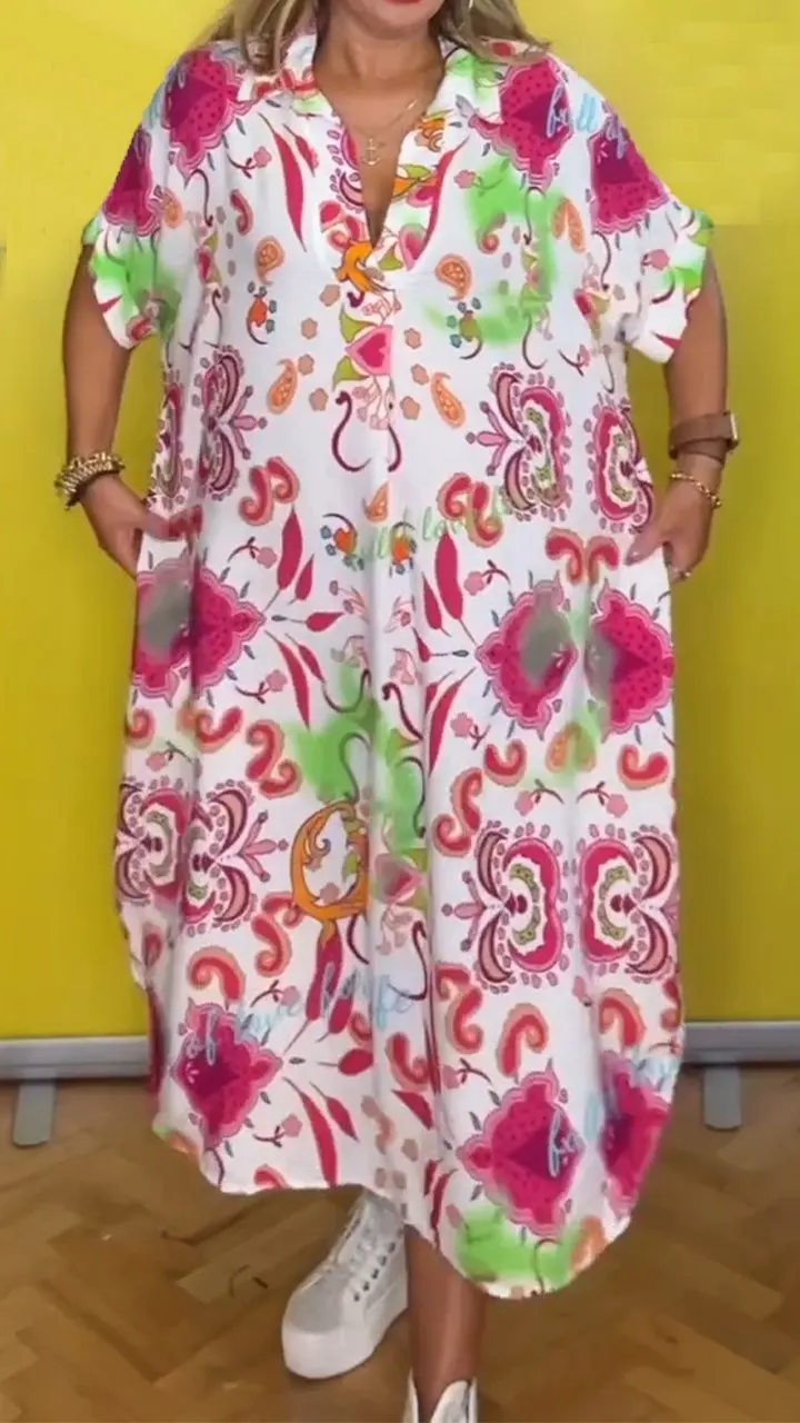 Abiti lunghi con stampa floreale Boho per le donne 2024 estate Casual manica corta con risvolto collo camicia abito moda vacanza abbigliamento donna