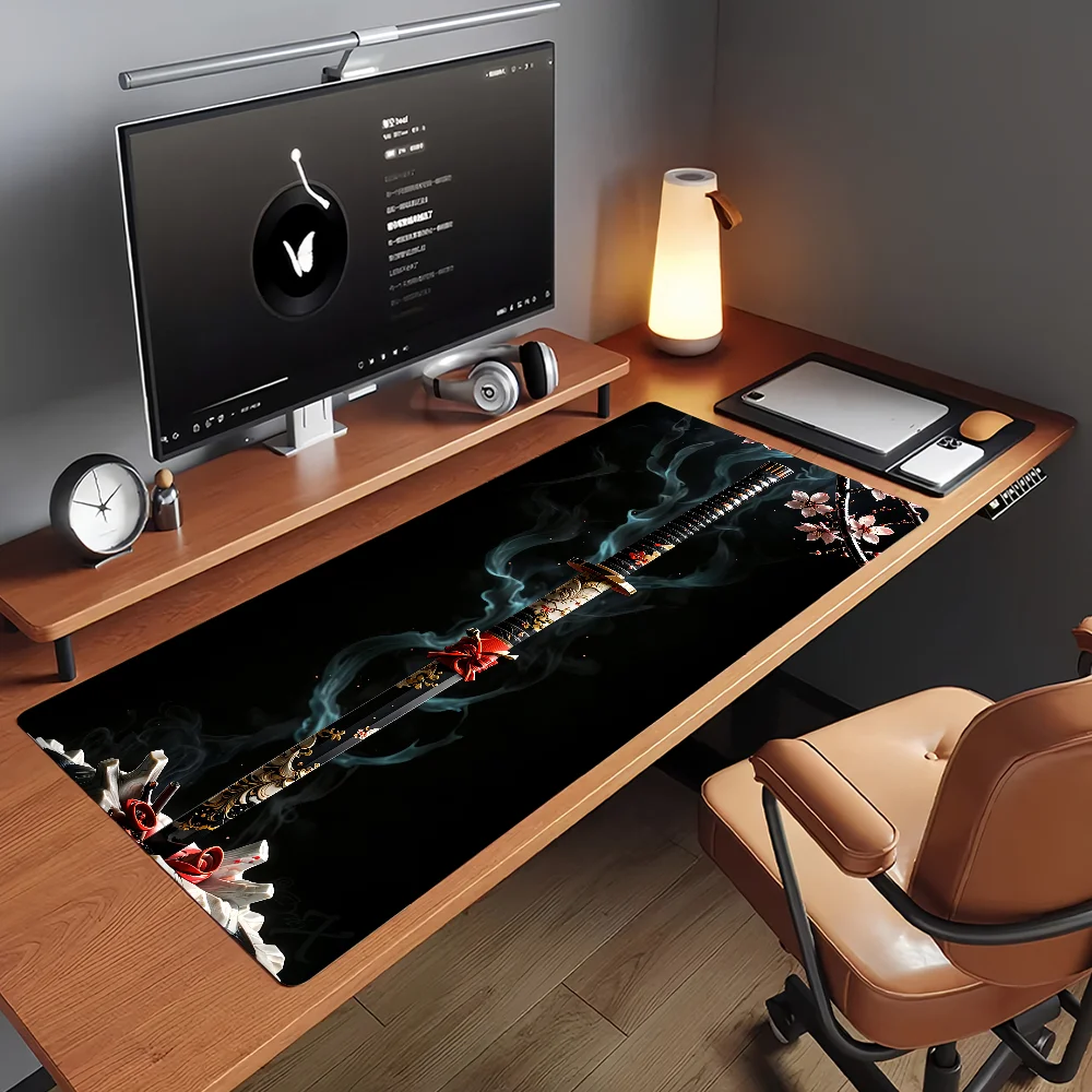 Japanese Samurai Katana Mouse Pad Non-slip Locking Edge DeskMat PC Laptop Accessories Rubber Office Keyboard Game 350x900x3mm