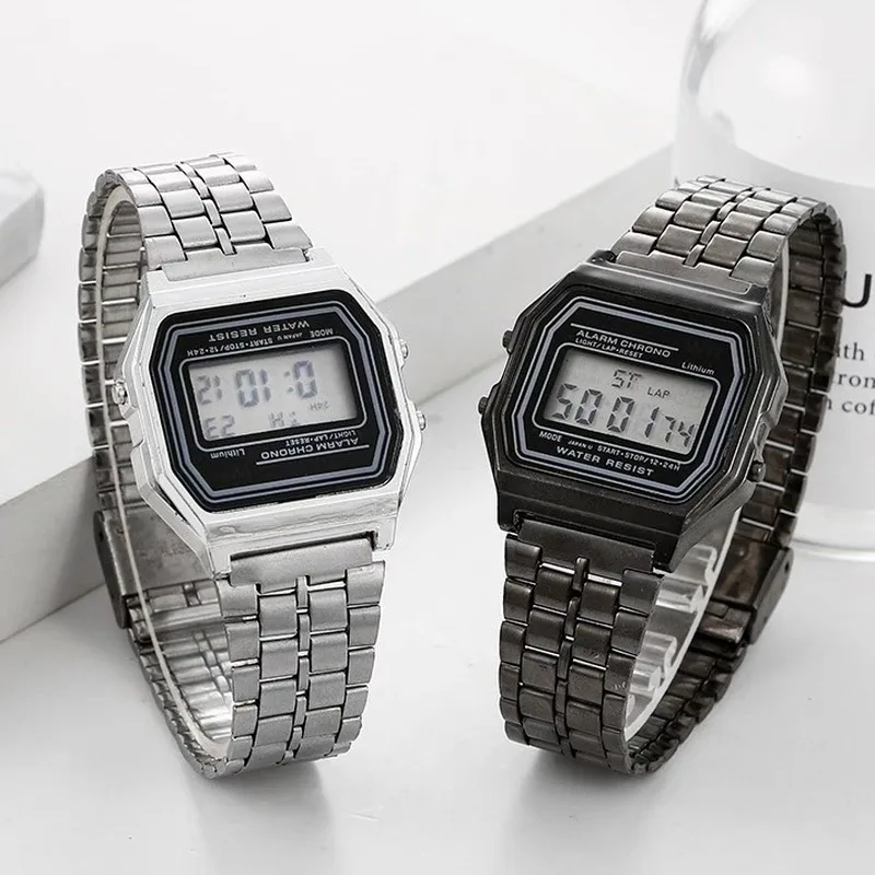 F91W Steel Band Watch Vintage Metal Strap Digital LED Display Wristwatch Electronic Clock Folding Pin Buckle Watchband Bracelet