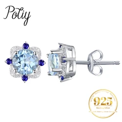 Potiy 925 sterling silver Natural Sky Blue Topa Earring for women jewellery elegant sets retro luxury quality valentines Gifts