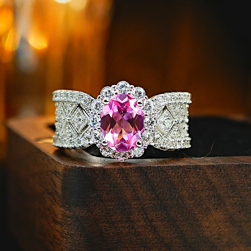 New Flower Lace 925 Silver Rupees Pink Tourmaline Ring Set with High Carbon Diamond Ice Flower Cut