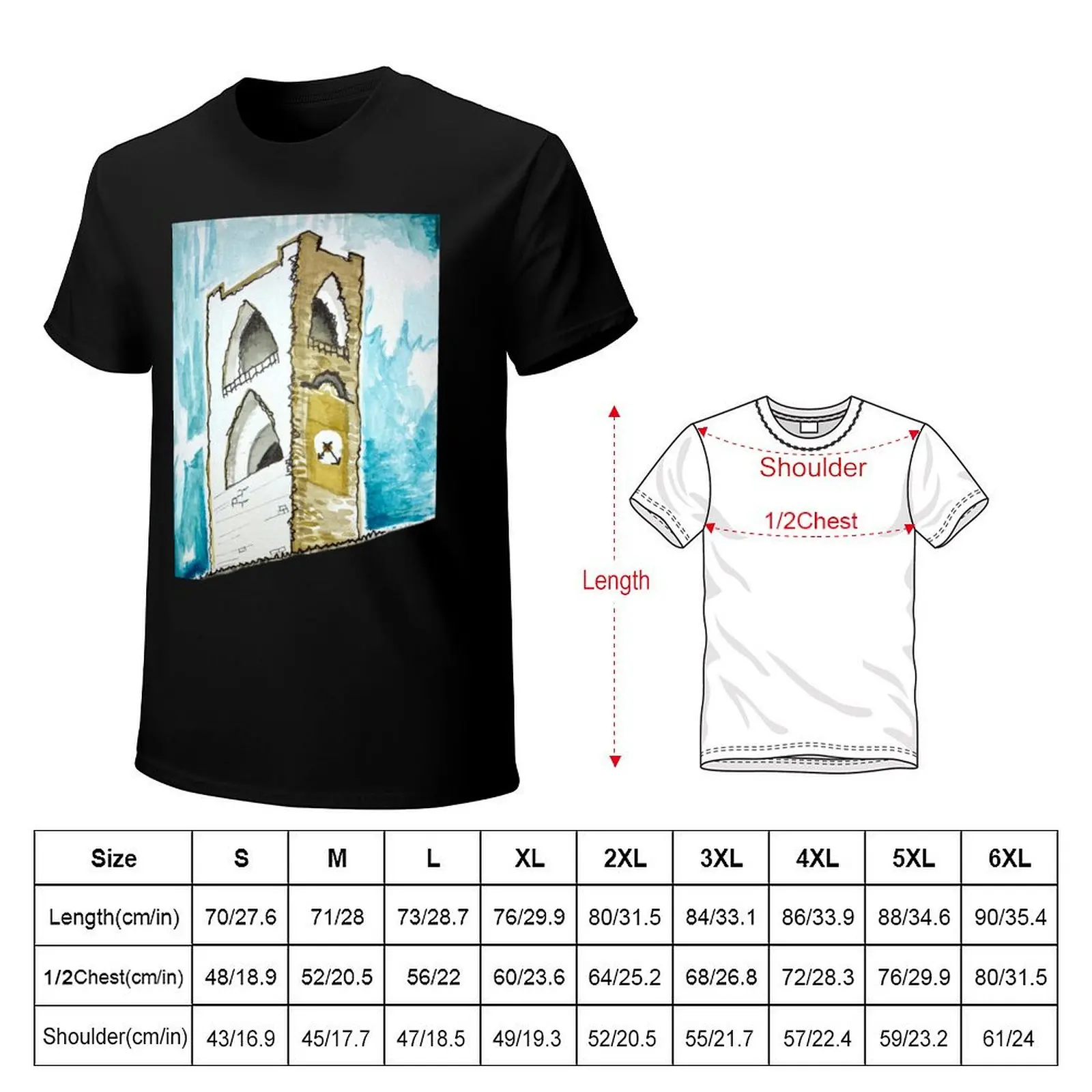 Watercolour of an Italian Clock Tower in Bergamo T-Shirt Daily Work Short Sleeve Top
