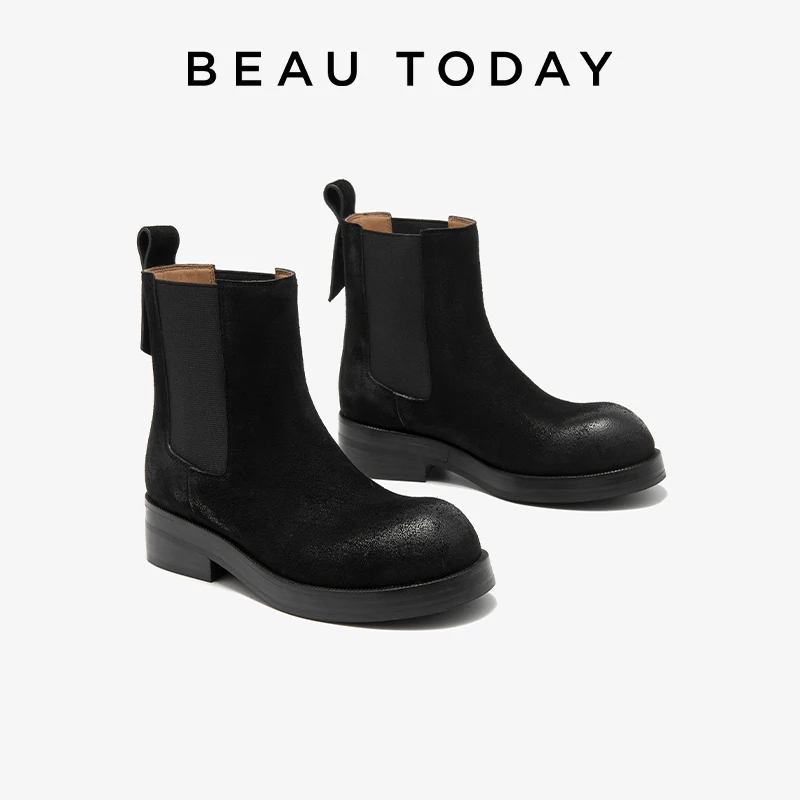 BEAUTODAY Chelsea Boots Women Cow Suede Leather Elastic Band Round Toe Retro Ankle Boots Slip-on Ladies Shoes Handmade 03738