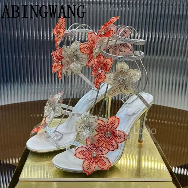 Sexy Summer New Leather Flower Peep Toe Pumps Slip On Thin High Heel Sandals for Women Sexy Ladies Dress Sandals For Women