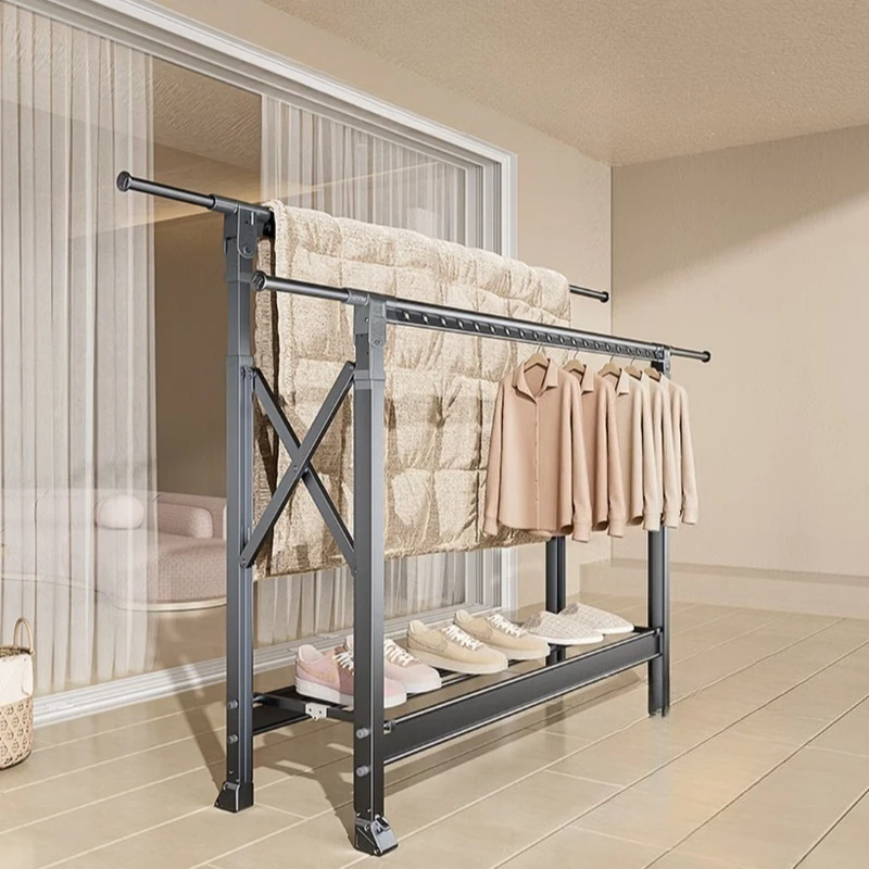 Home indoor mobile clothes drying rod Cool drying rack Deep space gray | Windproof universal wheel - can be lifted and lowered