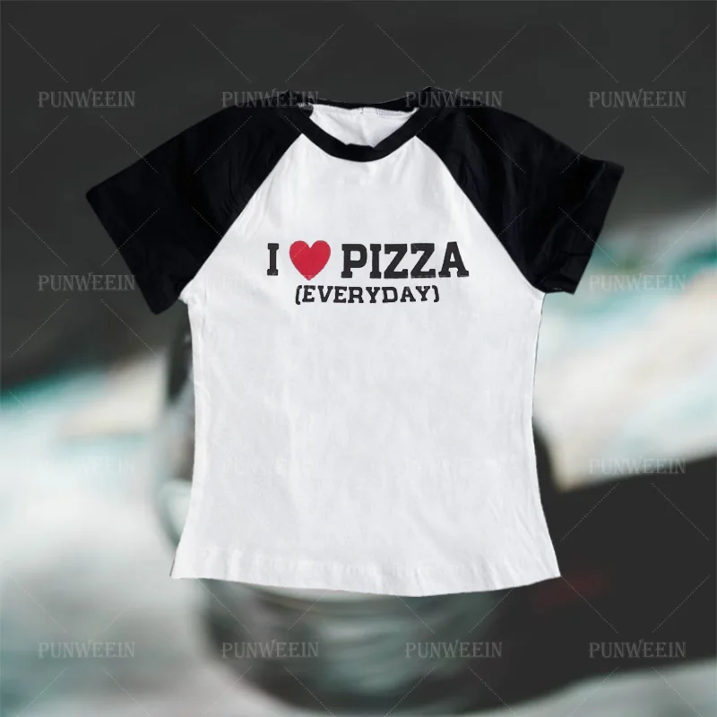 Vintage Street Y2K Clothes Fashion Women Crop Tops i love pizza Print Baby Tees Emo Short Sleeve Red T-Shirts Sexy US Streetwear