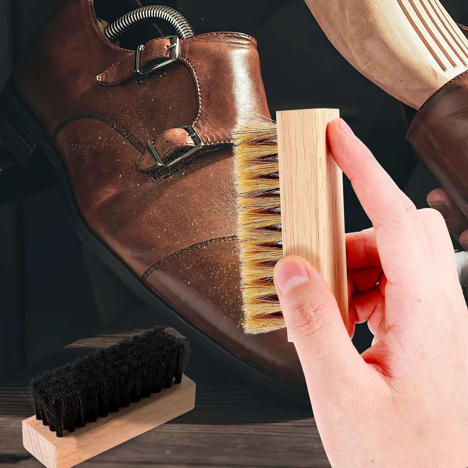 

2 Pcs Set Black PP White Pig Hair for Cleaning Mud Shoe Shoe Brush Polish Brush Set Polish Wooden H Boot Care
