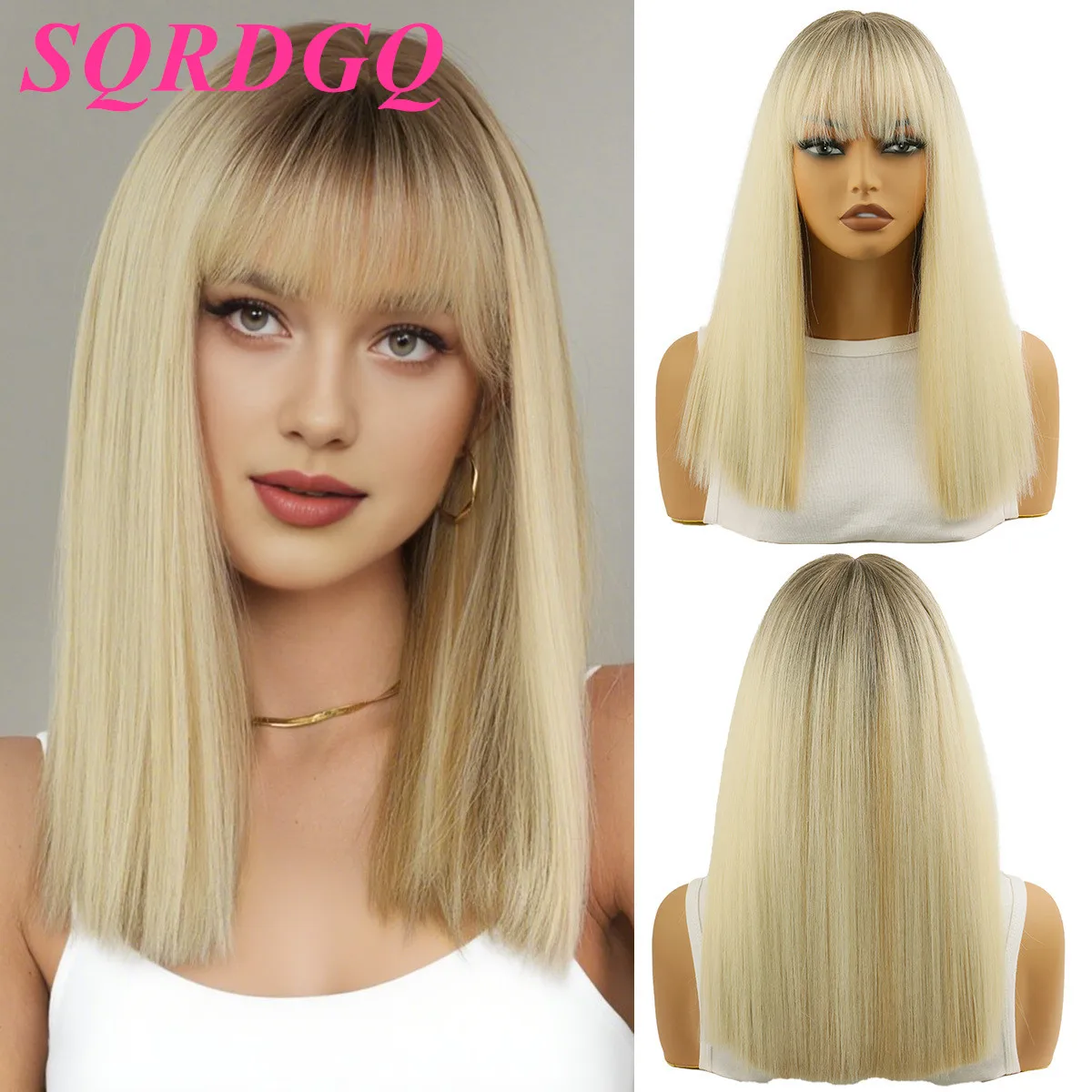 

SQRDGQ Synthetic Wig with Bangs18inch BOB Wigs for Woman Blonde Wig Female Heat Resistant Straight Hair Natural Woman Wigs