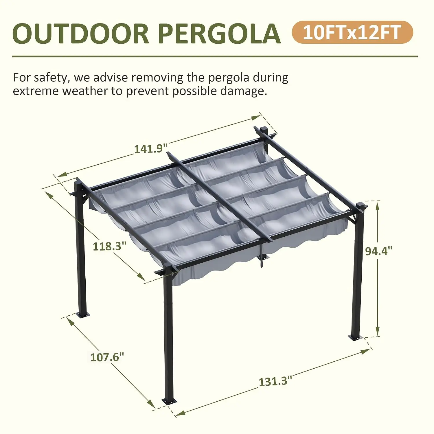 10'x12' Outdoor Pergola Retractable Canopy Patio Metal Heavy-Duty Gazebo Shelter Backyard Deck Garden, Customized