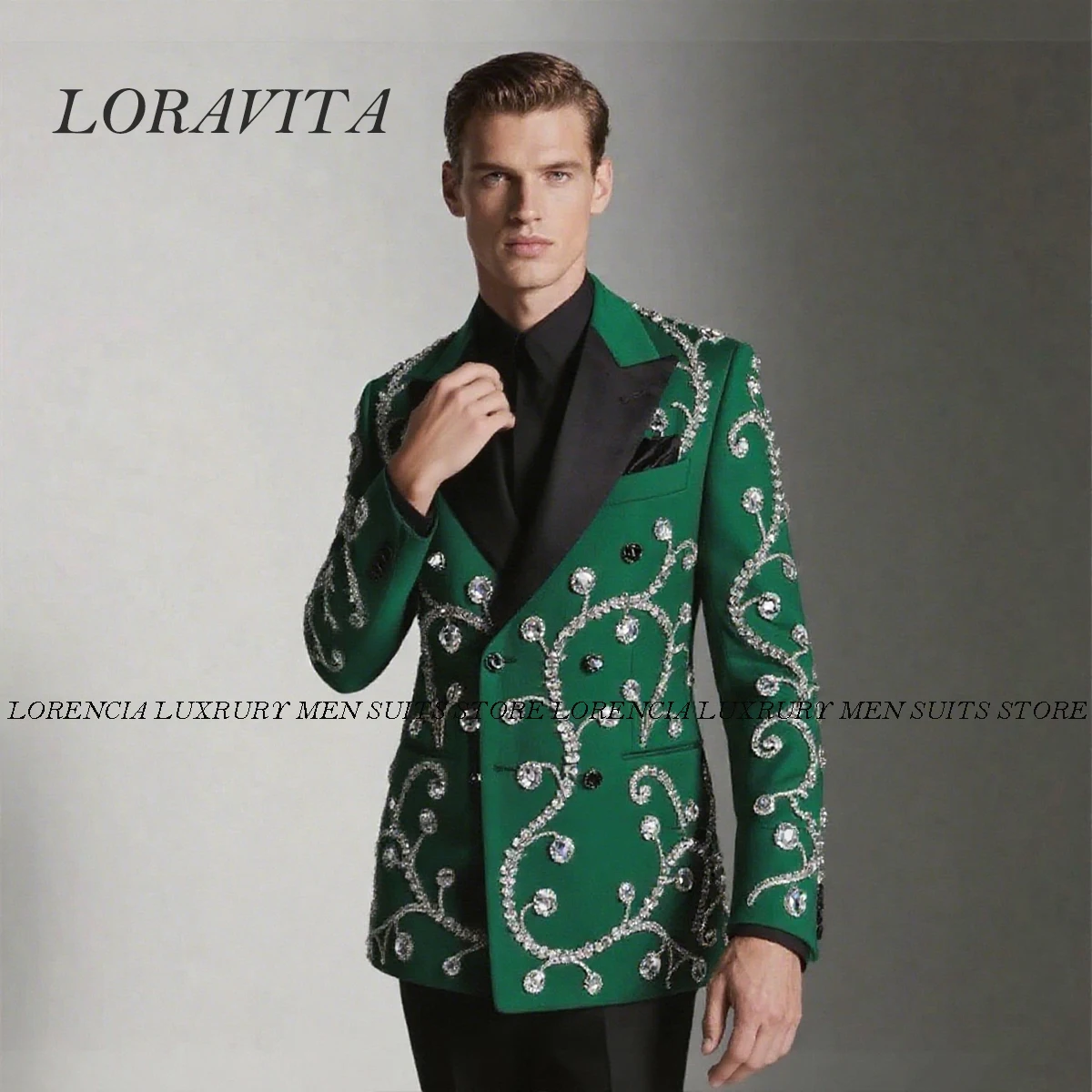 

Customized High End Diamond Beadeds Men Suits Peaked Lapel Groom Tuxedos 2 Pieces Sets Party Prom Blazer Slim Fit Costume Homme