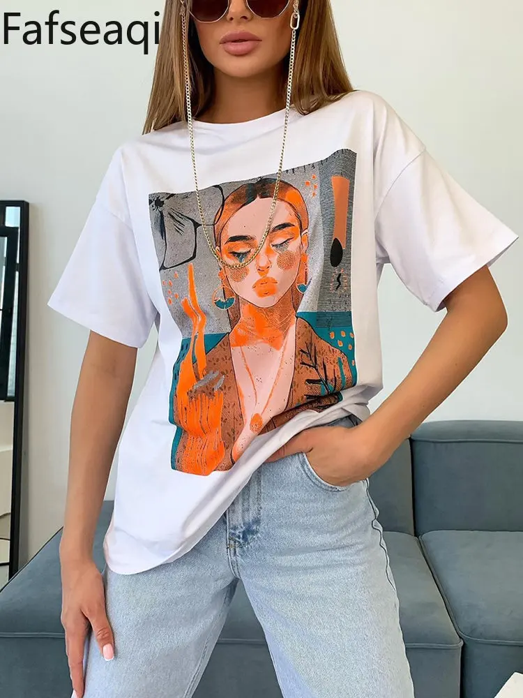 100% Cotton Women's Oversized T-shirts with Print Comics Tees Simple Short Sleeve Tops Summer Basic Soft T-shirt for Women 2024