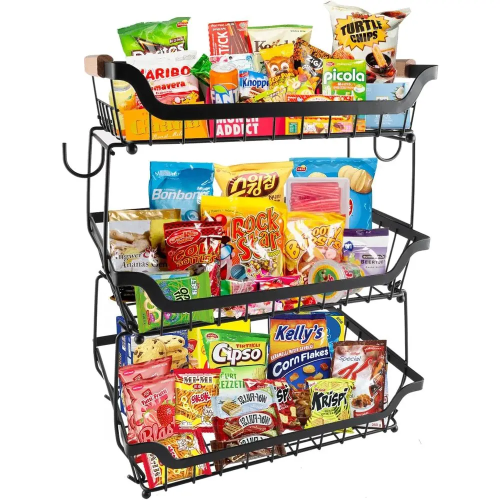 

3-Tier Rolling Pantry loor Organizer and Storage Cart with Wheels,Stackable Metal Wire Snack Display Basket or kitchen pantry or