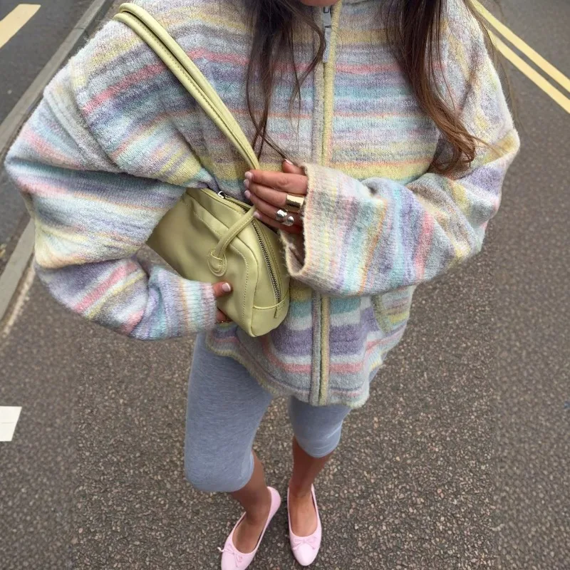 Multicolor Rainbow Striped Zip Up Knit Hoodie Loose Long Sleeve Pocket Women Casual Stripe Knitted Jacket Cardigan Y2K 260801