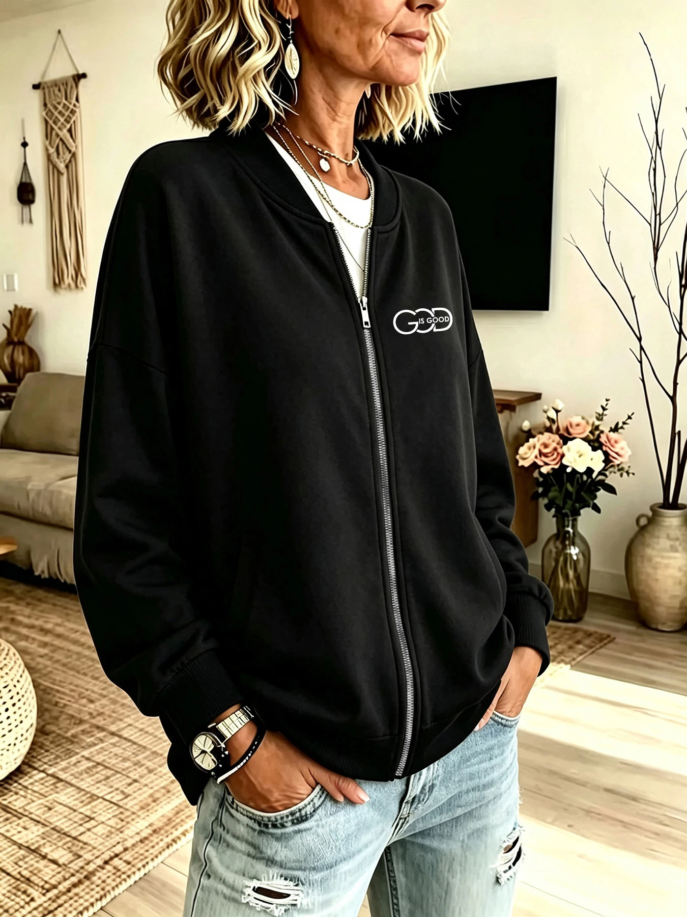 Retro College Style God Is Good Letter Graphic Print Front and Back Printed Loose Oversized Long-Sleeve Jacket for Women, a Must-Have for Autumn and Winter, European and American Trendy Style for Couples, Regular Fit Long-Sleeve Jacket, Machine Washable, Durable and Eye-Catching, Casual Versatile Item, Slimming and Flattering, Campus Daily Wear, Stand-Up Collar with Zipper Design, Practical and Stylish, Jacket for Women
