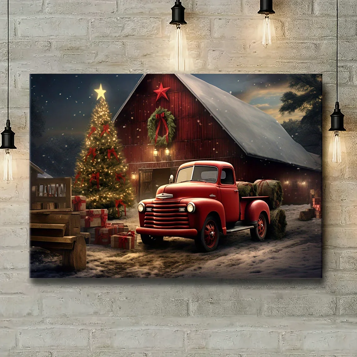 1PC Vintage Red Truck Christmas Canvas Print Poster For Home Bedroom Kitchen Living Room Bathroom Cafe Holiday Decoration Framed