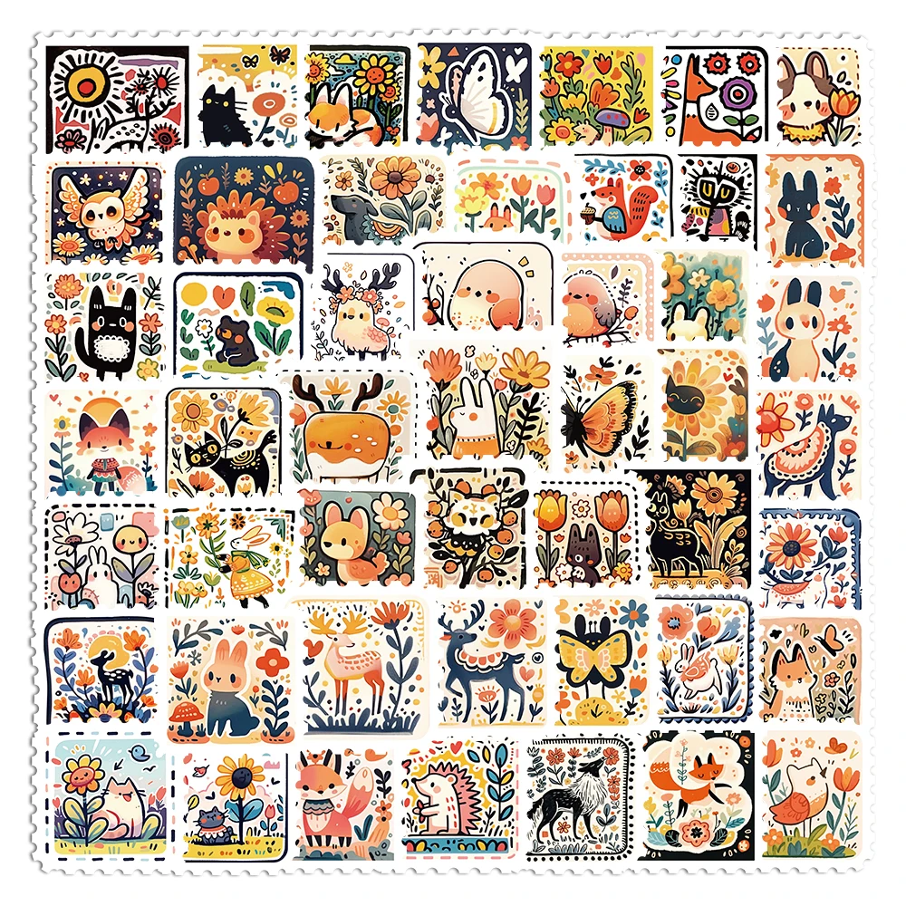 Juego de pegatinas florales de animales de estilo Vintage, calcomanías de dibujos animados dibujadas a mano para diario, planificador, álbum, decoración de pared del hogar, estética, 50 Uds.