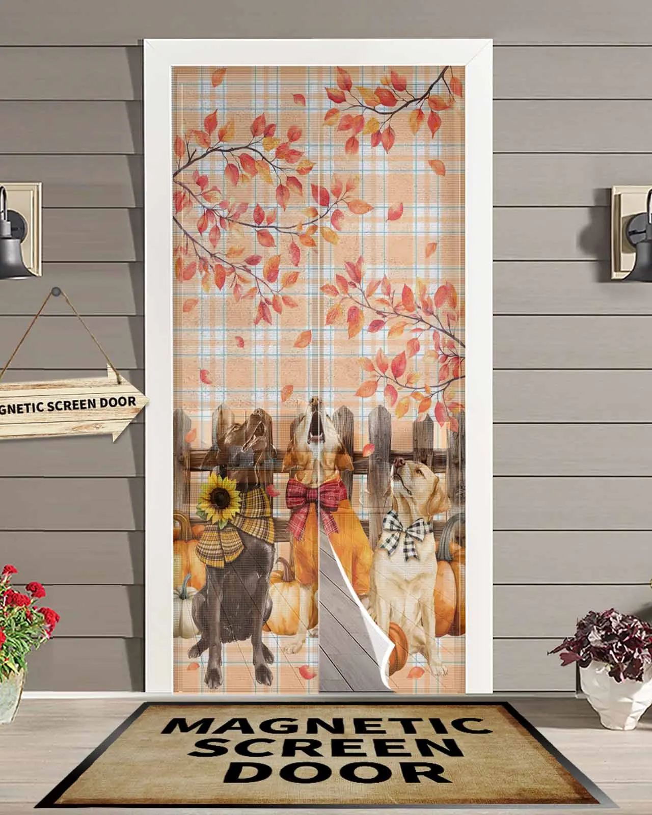 

Autumn Dog Pumpkin Plaid Magnetic Door Curtain Living Room Bedroom Home Anti-mosquito Screen Door Curtain