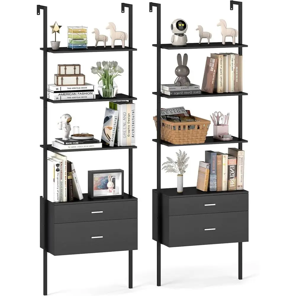 

Wall-Mounted Storage Bookcase with 4 Shelves and 2 Drawers, Ideal for Home or Office, Black