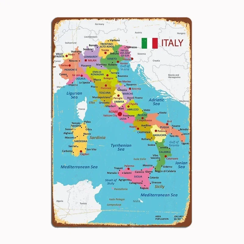 Italy Map with Regions and Main Cities Metal Sign Mural Painting Cinema Living Room Cinema Funny Tin Poster Retro Home Tavern