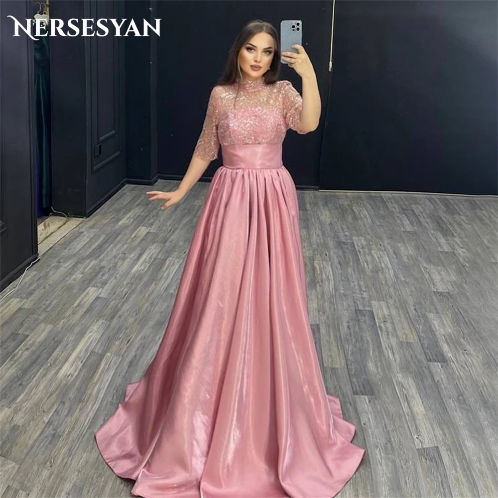 Nersesyan Shiny Pink Formal Evening Dresses High Neck A-Line Glitter Lace Three Quarter Prom Dress Occasional 2024 Party Gowns