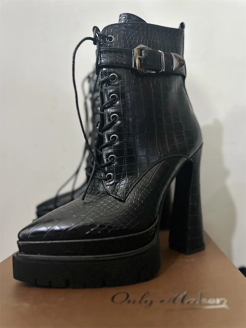 Onlymaker Women Black Booties Double Platform Side Zipper Lace-up Fashion Ankle Boots
