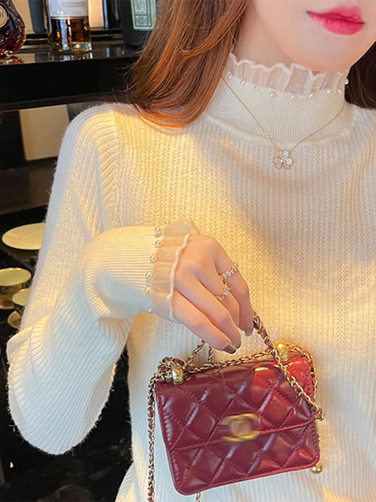 Korean Style Slim Fit Knitted Base Shirt Women's New Style Spring Autumn Outerwear Lace Trim Top Inner Wear Winter Sweater