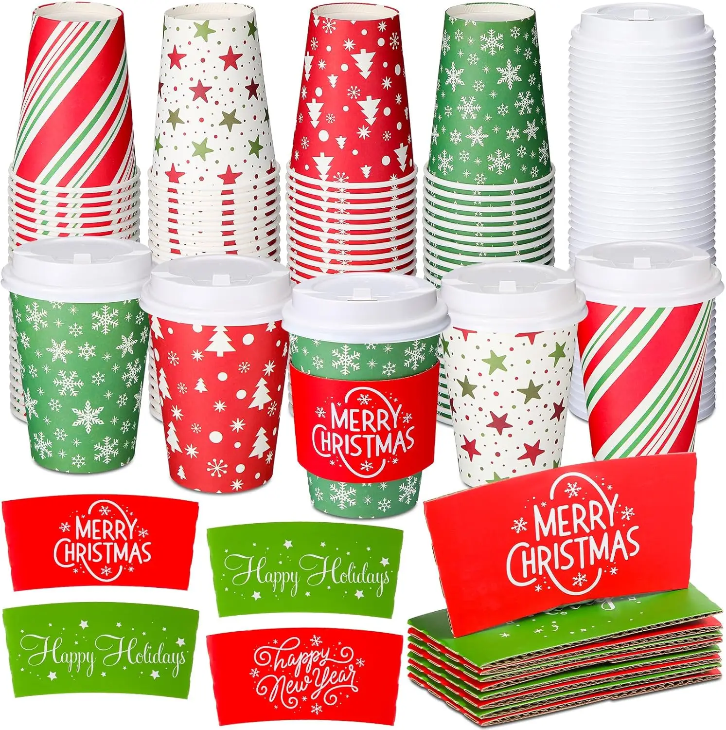 

100 Pack 12 oz Christmas Disposable Coffee Cups with Lids and Sleeves Insulated Paper Coffee Cups with Dome Lids and Sle