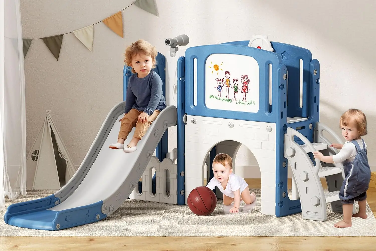 

9-in-1 Toddler Slide Playset Indoor Outdoor with Climber, Basketball Hoop, Telescope, Drawing Board, Storage Space for Ages 1-3