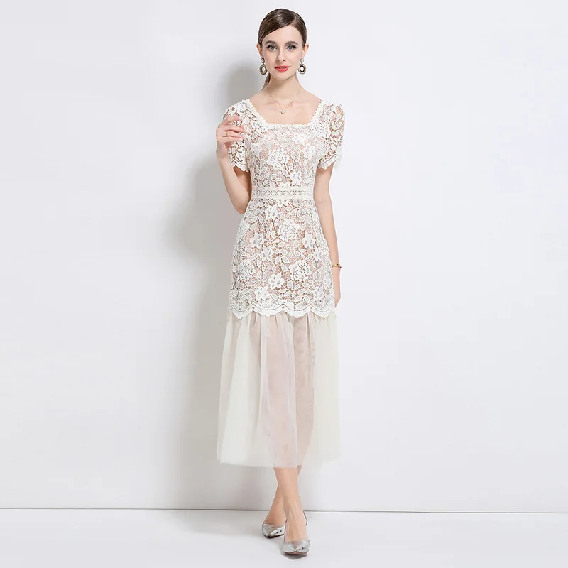 Ele Long Dr Lace Square Collar High-End Netting Splicing Ele Chic Sle Autumn Season oulder Baring Midi Dr