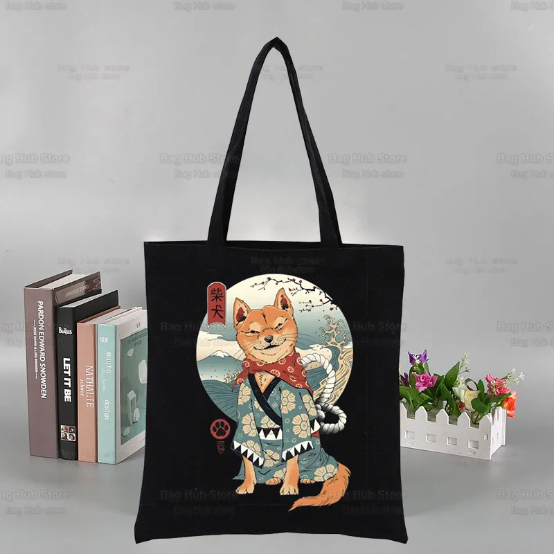 Bolsa de Lona Preta Shiba Inu Grande Capacidade para Mulheres, Grandes Bolsas de Mão Casuais para Senhoras, Japonesas, Bonitas, Cachorro Kawaii, Bolsa de Compras