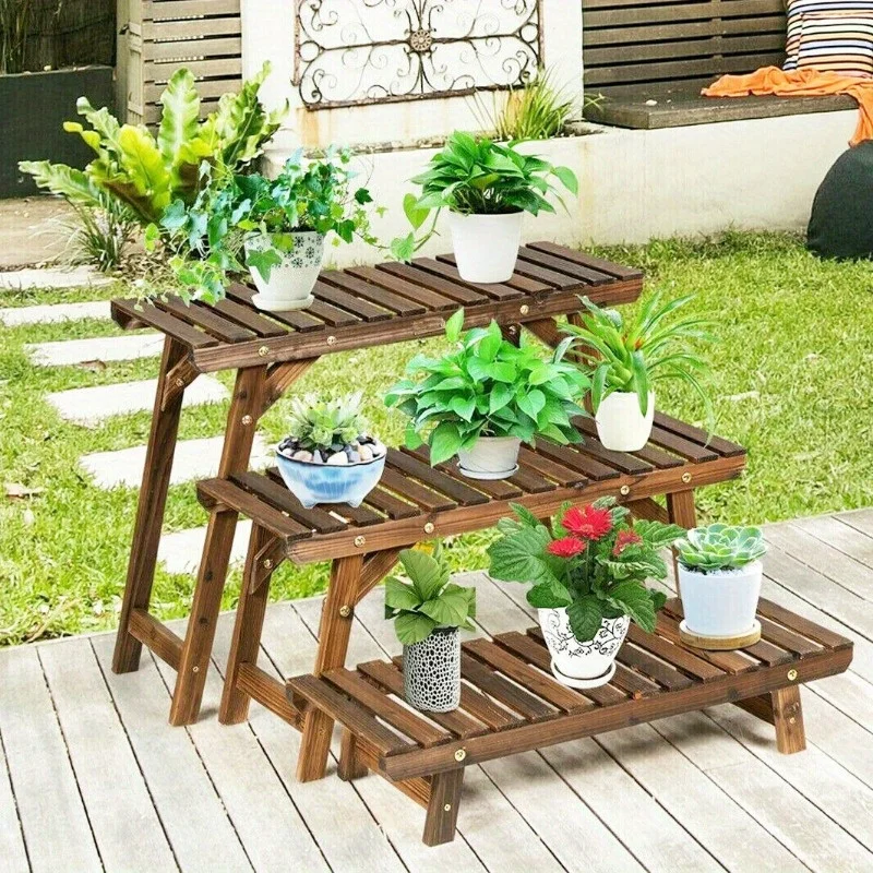 Large Wood Tier Shelf Flower Plant Display Stand Rack Freestanding Movable Bench