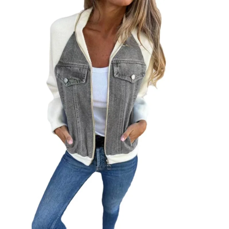 Autumn Winter New Denim Patchwork Jacket Coat For Women\'S Casual Fashion Shoulder Rubbing Long Sleeve V Neck Denim Jacket Female