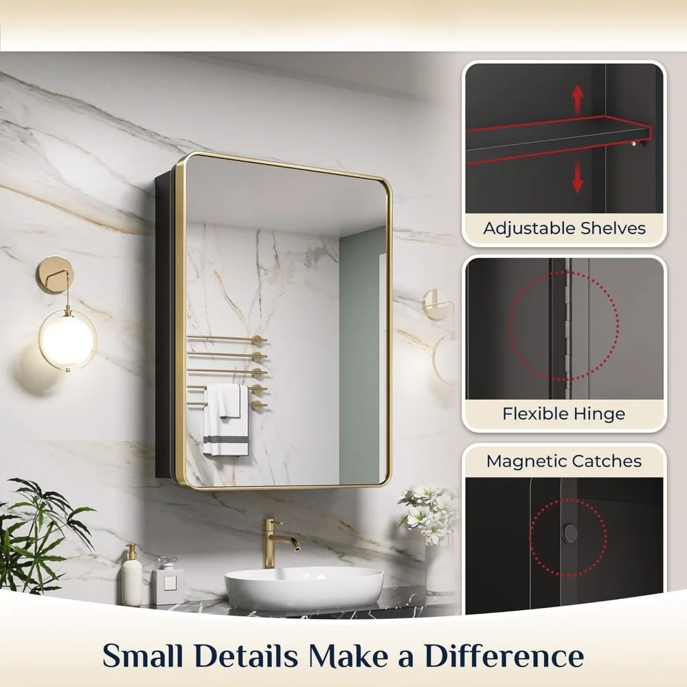 Armoires à médicaments dorées miroir, étagères réglables, armoires de rangement encastrées en acier inoxydable, 20x32 pouces