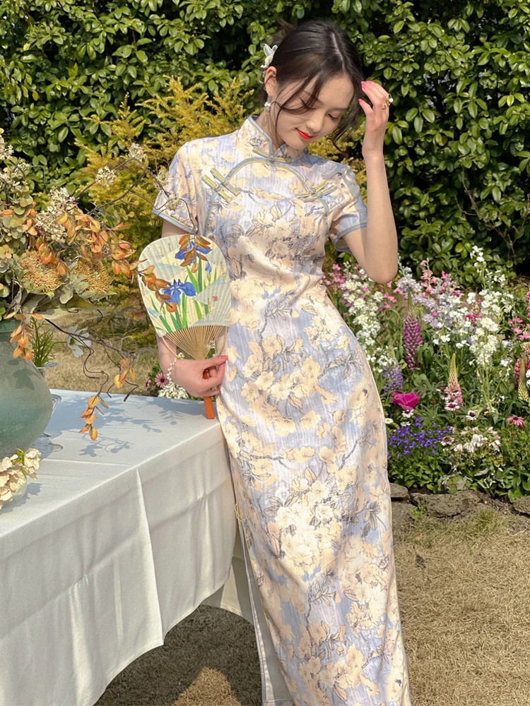 

Ретро-платье-ципао с длинным рукавом, мягкой талией, утягивающим эффектом, принтом под водную роспись, для повседневной носки, в стиле Gentlewoman.