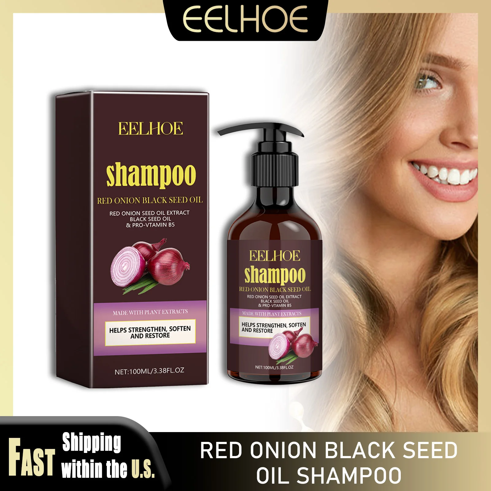

EELHOE Шампунь с маслом красного лука, глубоко очищающий, восстанавливающий поврежденные волосы, укрепляющий корни волос, против сухости, вьющиеся, для всех типов волос