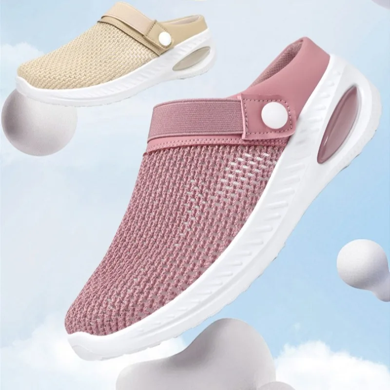 Woman Shoes Breathable Mesh Air Cushion Platform Women's Slippers Button Adjustable Back Strap Non Slip Outdoor Walking Shoes