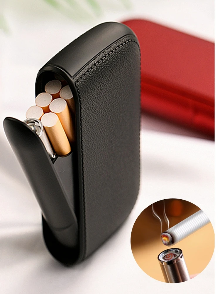 New Imitation Leather Cigarette Case with USB Tungsten Electronic Lighter Cigarette Case Men's Exquisite Gift Cigarette Tool